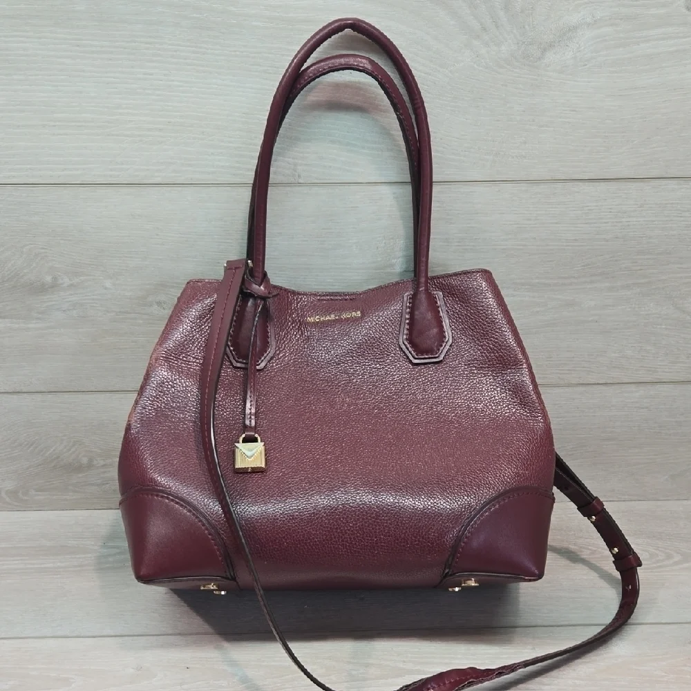 Michael Kors Women Burgundy Leather Tote Bag Crossbody Tote
